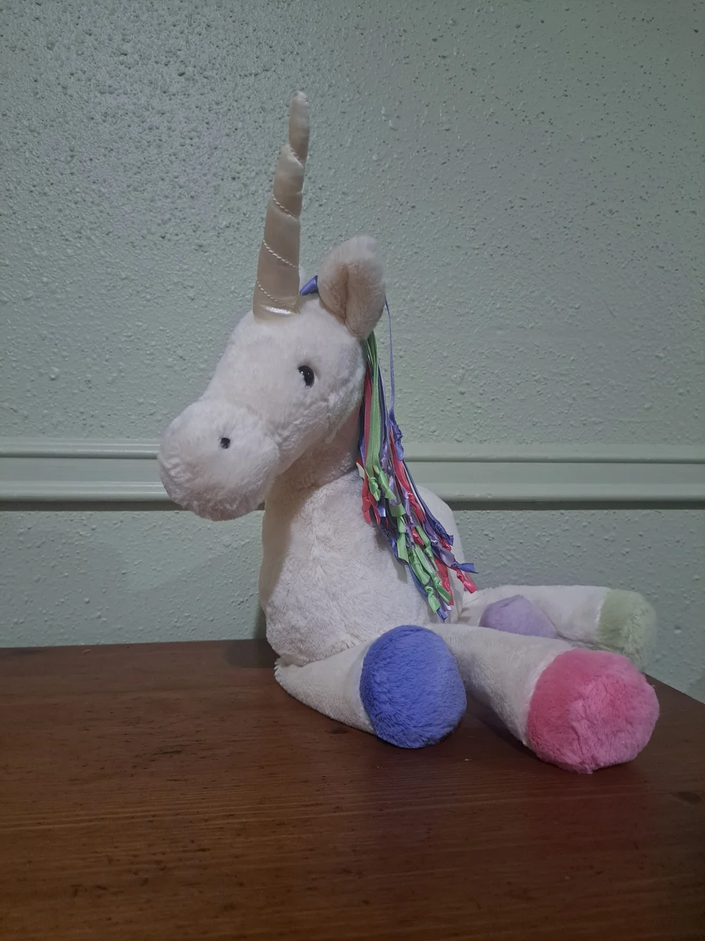 White Jellycat Plush Unicorn with Pastel Ribbon Mane